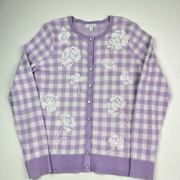 Charter Club Cottagecore Check Gingham Floral Sequin Cardigan Sweater M Lilac - Picture 3 of 13
